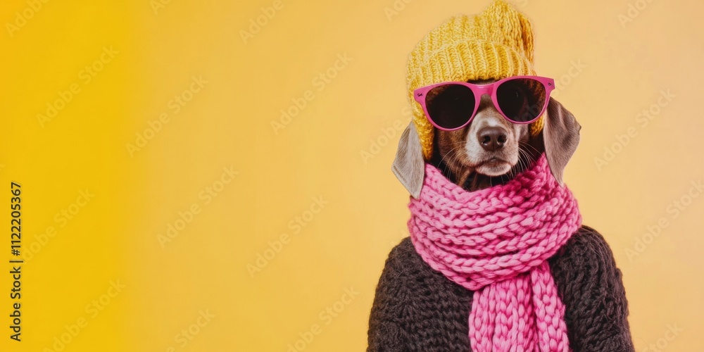 Fototapeta premium A fashionable dog sports trendy sunglasses and a colorful scarf for a fabulous look