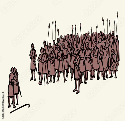 Vector drawing. Meeting of two tribes