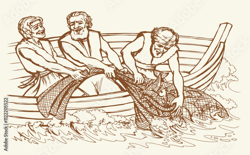 Vector drawing. Three men in the boat