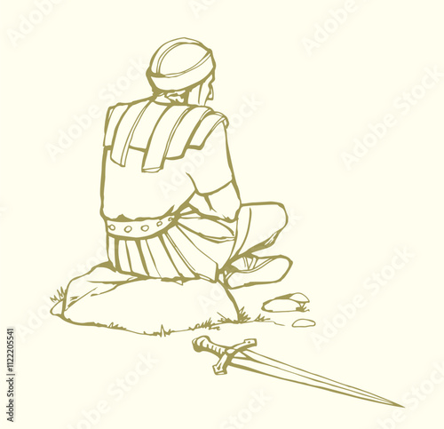 Vector drawing. Old roman Soldier resting on the stone