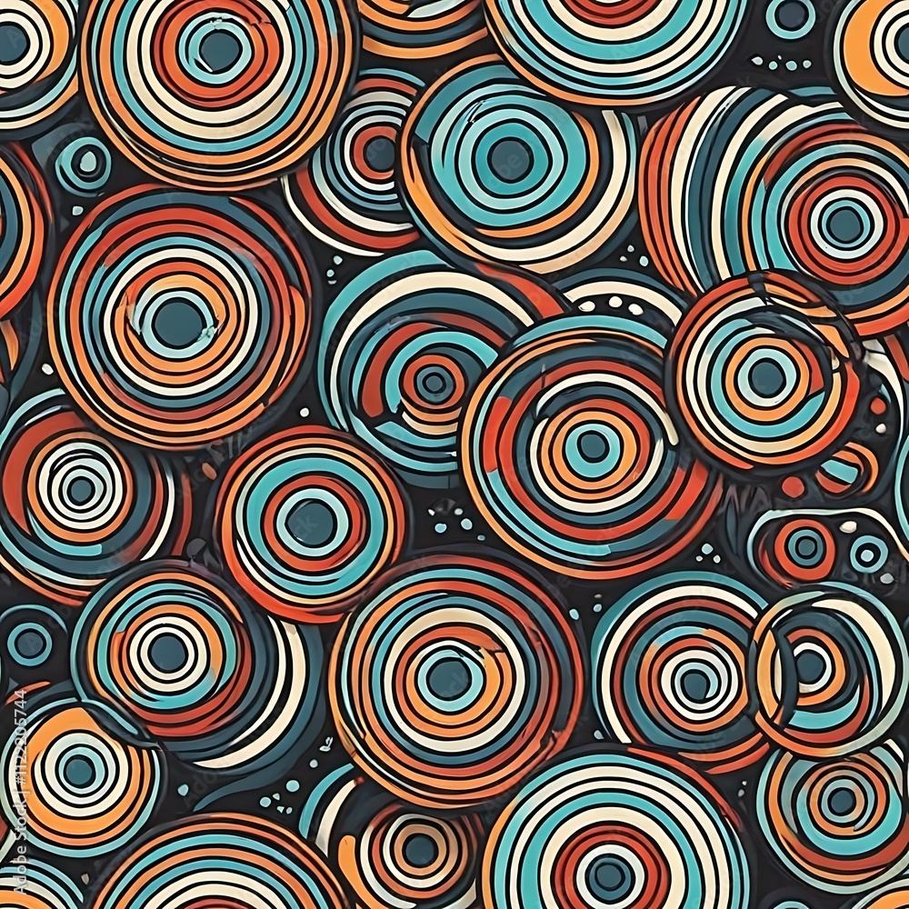 Fototapeta premium Abstract Retro Circles Pattern: Seamless design featuring vibrant, concentric circles in a retro color palette. Perfect for textile prints, backgrounds, and surface design. 