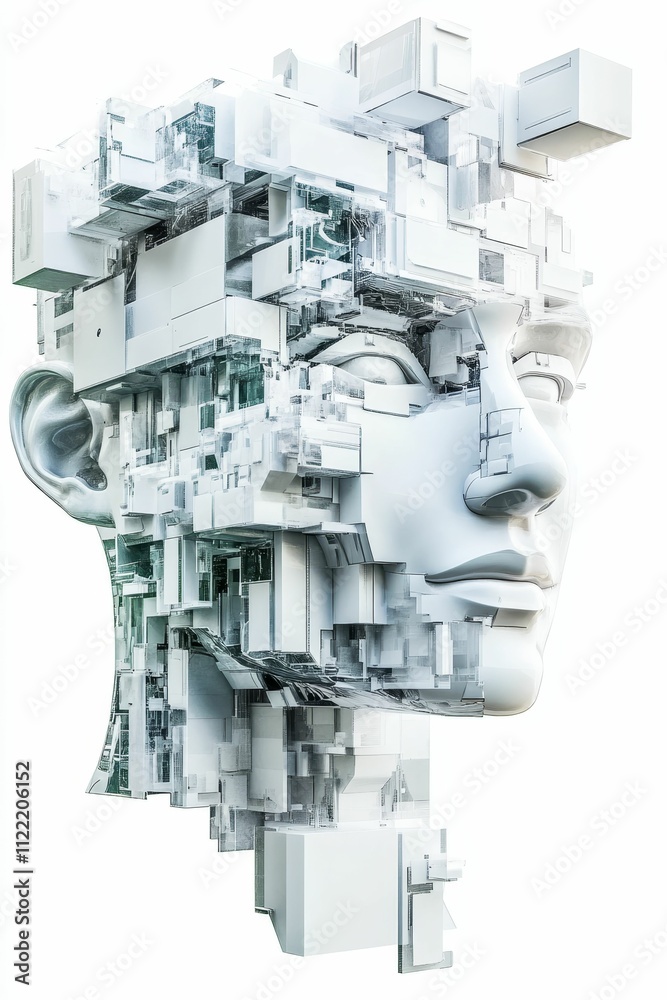 Naklejka premium Abstract head, fragmented, geometric, white, digital.
