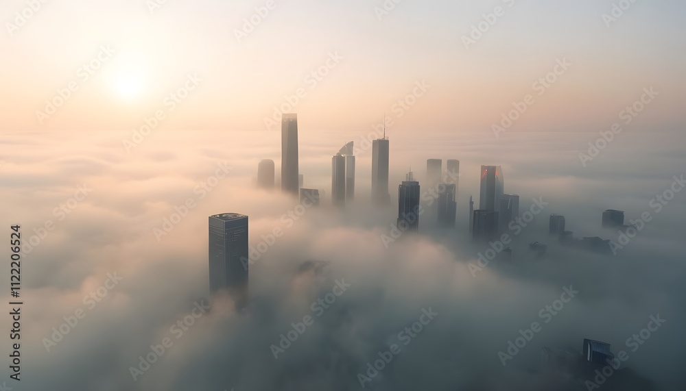 Fototapeta premium Foggy Morning Skyline with Skyscrapers