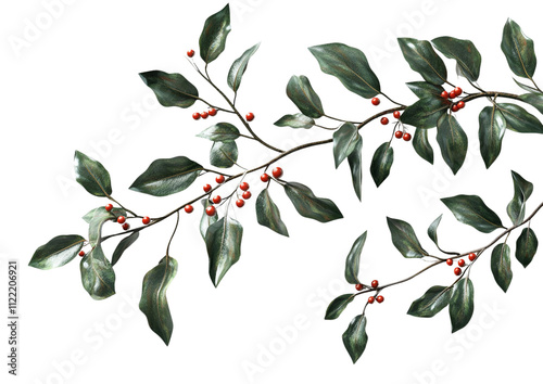 A 3D holly branch with glossy green leaves and red berries, featuring high details and an HDR result, with sharp clarity and no blur, on a white background, perfect for holiday designs.