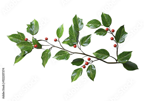 A 3D holly branch with glossy green leaves and red berries, featuring high details and an HDR result, with sharp clarity and no blur, on a white background, perfect for holiday designs.