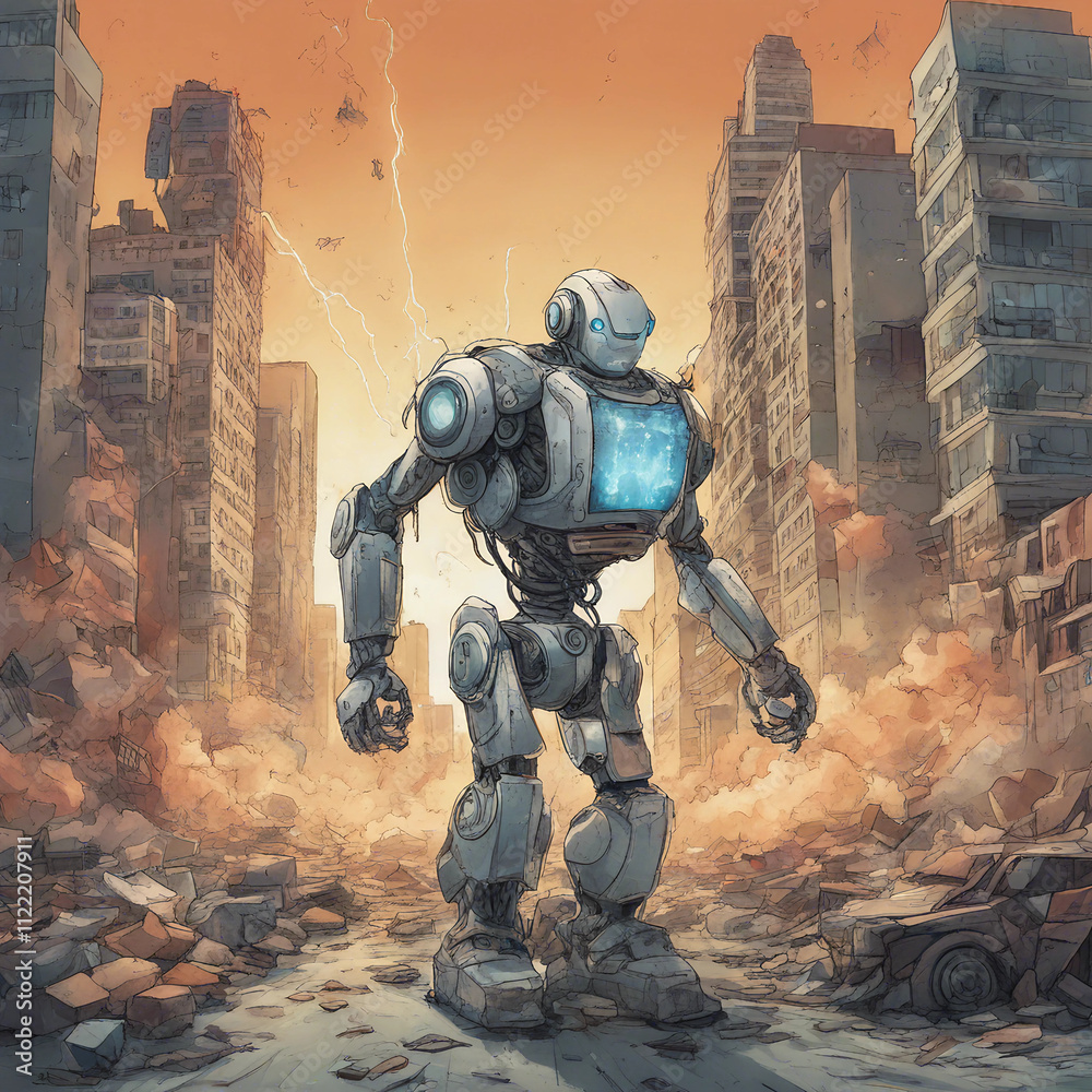 Naklejka premium illustration of robot destroying city