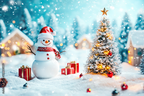 Christmas background with snowman at winter landscape