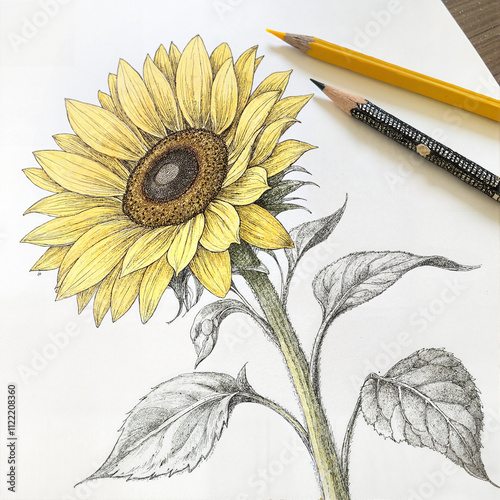 Pencil sketch of a sunflower with detailed shading
