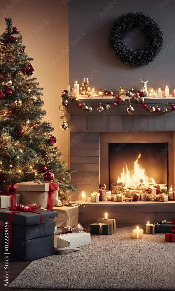 chimney indoor blurred room flames generate decorations arth burning stone stove interior 4k design video decoration warm winter table home log christmas cosy wood wall house livingroom fire fireplac