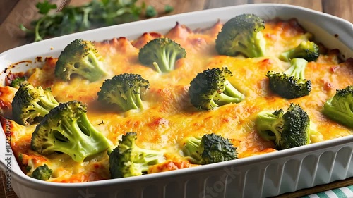 Freshly Baked Broccoli and Cheese Casserole in a White Dish with a Golden Crust

 photo