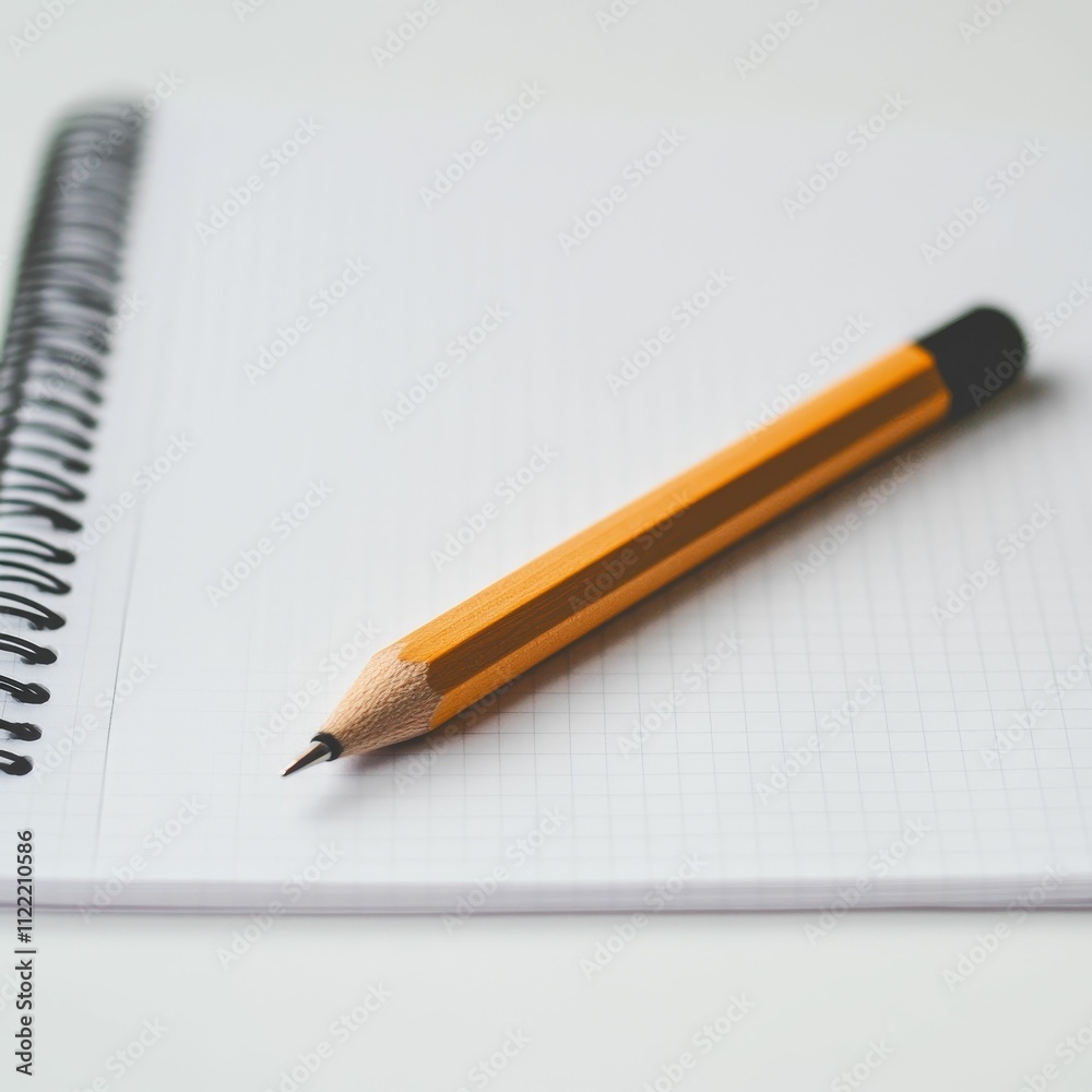 Yellow pencil rests on blank grid notebook. Yellow pencil rests on blank grid notebook.