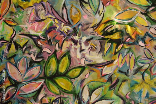 Modern Colorful Abstract acrylic painting of plants and leaves for backgrounds.