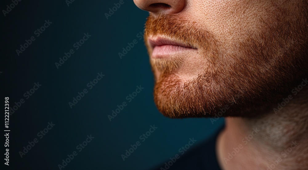 Obraz premium Closeup of a man's chin and neck with clean skin on a dark blue background leaving space for text