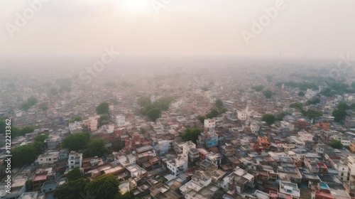 Wallpaper Mural Aerial view of a densely populated urban area shrouded in haze at sunset. Torontodigital.ca