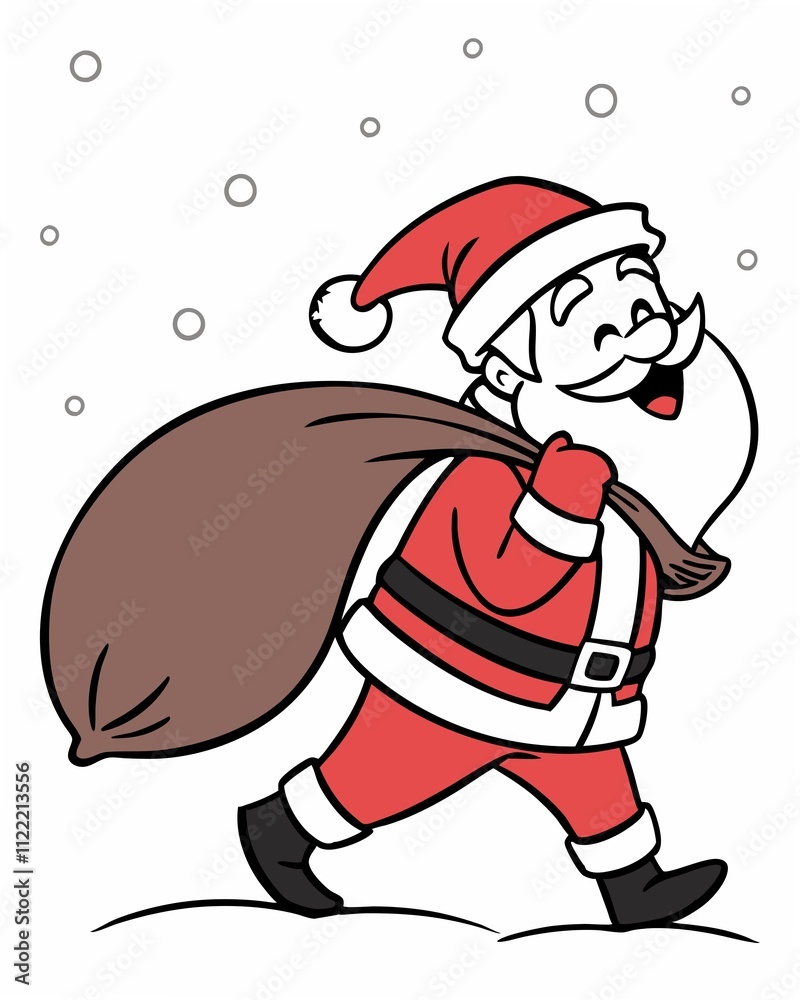 Santa Claus joyfully walking through the snow with a bag of gifts during the holiday season Santa Claus joyfully walking through the snow with a bag of gifts during the holiday season
