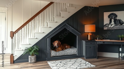 Dog resting in built-in under-stair dog bed, modern home interior. photo