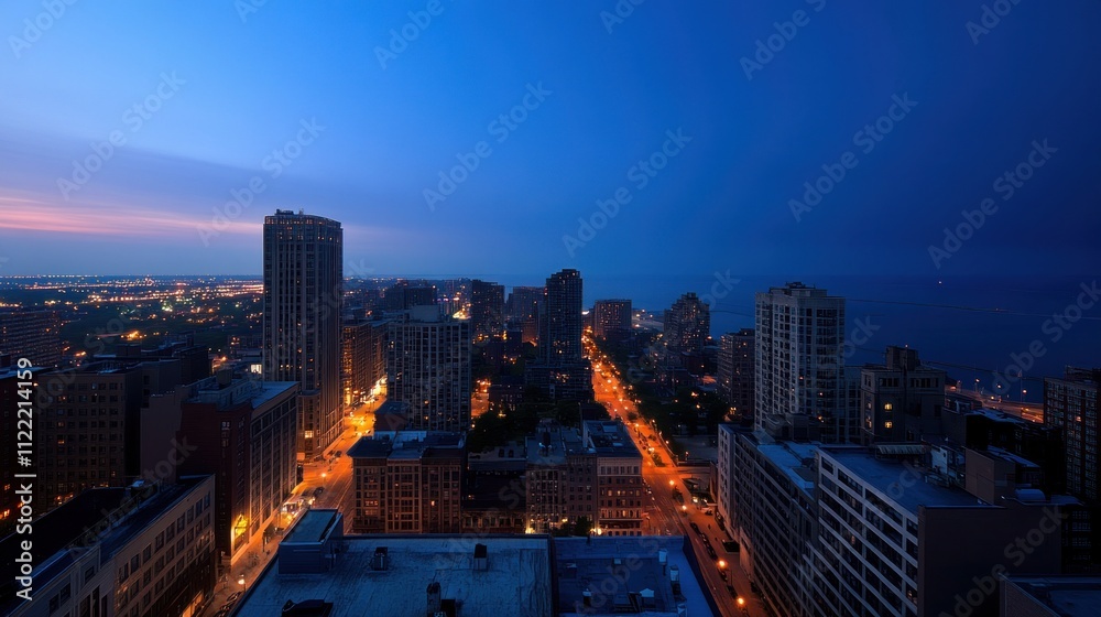 Fototapeta premium Cityscape at dawn, buildings, streets, lights, lake.