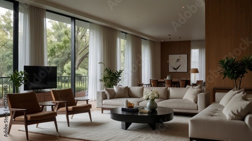 Modern living room with large windows, beige sofa, and wooden accents.
