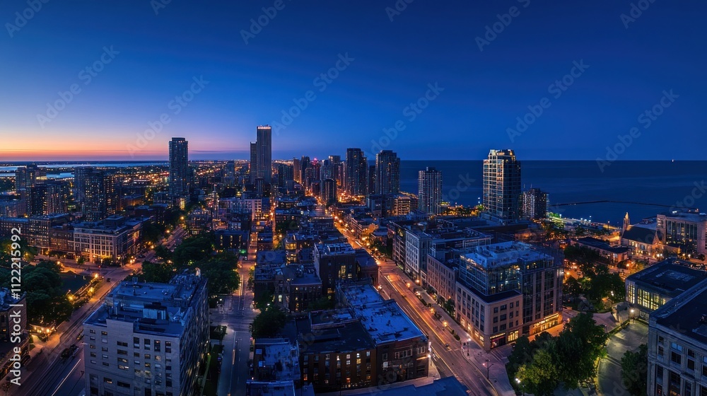 Fototapeta premium Cityscape at dawn, overlooking lakefront buildings and streets.