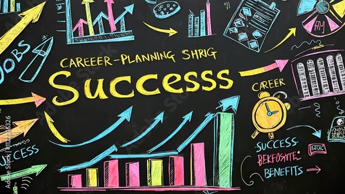 Colorful Career Success Chalkboard Design with Charts, Arrows, and Motivational Elements

 photo