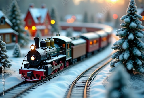 A charming model train  adorned with snow  journeys through a whimsical winter village. photo