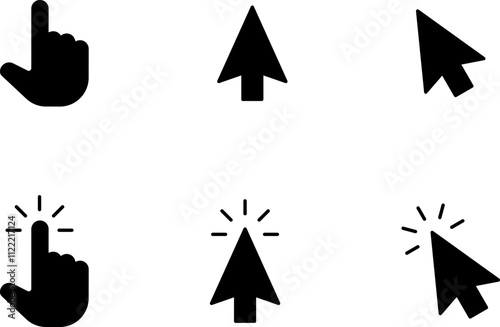 Mouse click cursor and loading icon for web computer mobile app or ui design. Mouse pointer black and white vector illustration.