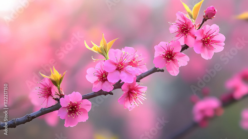 Close-up of delicate pink blossoms on a branch, soft background.