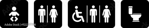 Washroom signs. Printable sticker of toilet symbol sign with woman wc man handicapped baby icons. Restroom bathroom and change room sign. png or vector illustration.