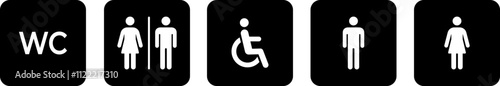 Washroom signs. Printable sticker of toilet symbol sign with woman wc man handicapped baby icons. Restroom bathroom and change room sign. png or vector illustration.