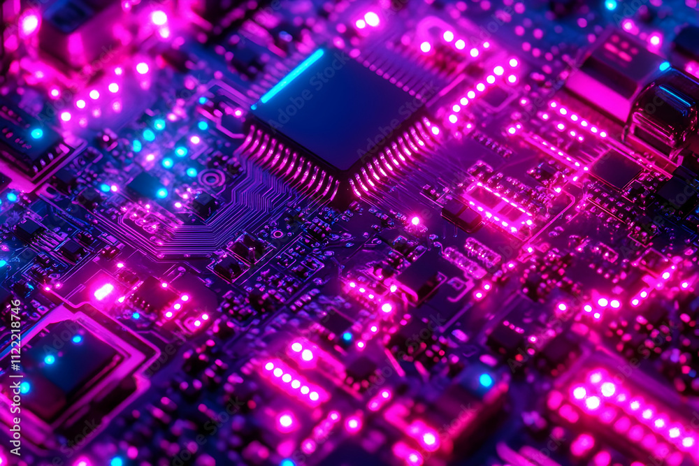 Close-up of illuminated circuit board with glowing components. Close-up of illuminated circuit board with glowing components.