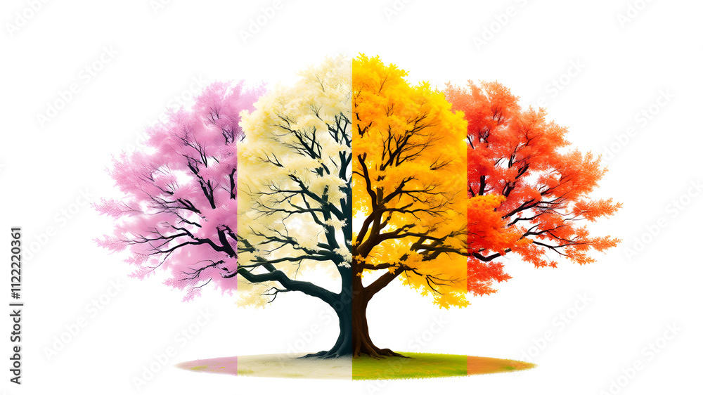 Fototapeta premium A tree with four different colored leaves, one of which is pink