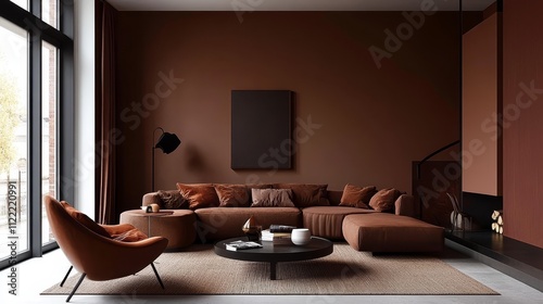 Wallpaper Mural A modern living room decorated in a warm color scheme of the color of the year 2025 Mocha Mousse, with a cozy sofa, a stylish armchair and a round coffee table Torontodigital.ca