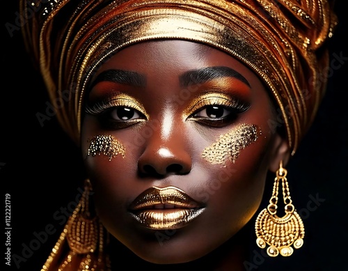 closeup fantasy african woman, Golden shiny black skin, metallic makeup, arab turban, jewellery accessories, generative, AI tools