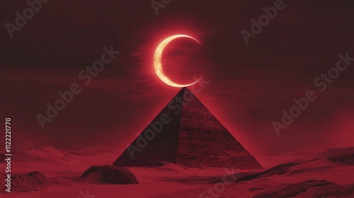 A striking image of a pyramid bathed in eerie red light, with a glowing crescent moon above in a dark, barren desert. The combination of red tones and darkness creates a surreal, intense atmosphere photo