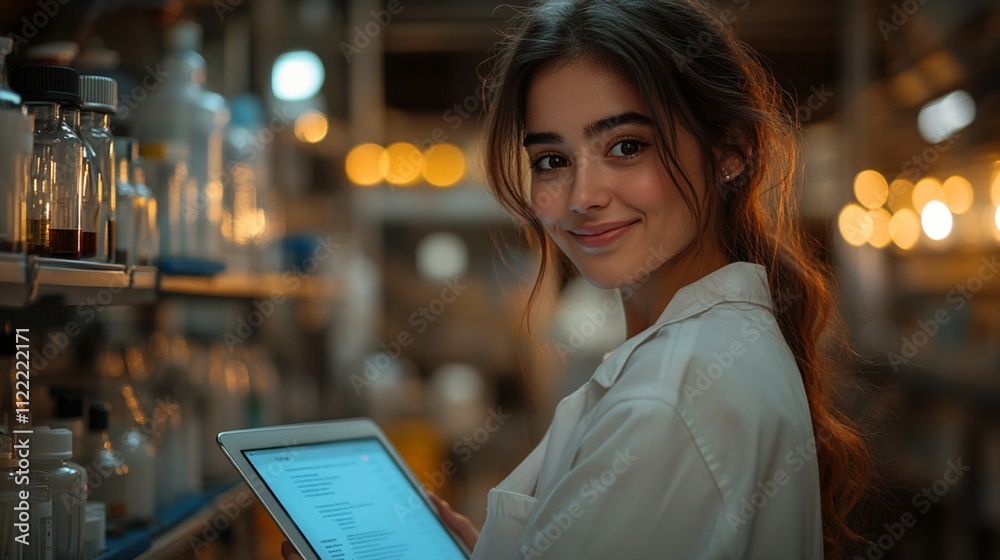 Fototapeta premium an Indian woman uses a tablet to smile at the medical data on healthcare and pharmaceutical advancements, engaging with technology and checking her emails.