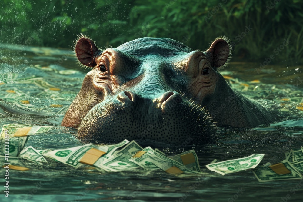 Fototapeta premium Hippopotamus submerged, money floating around it.