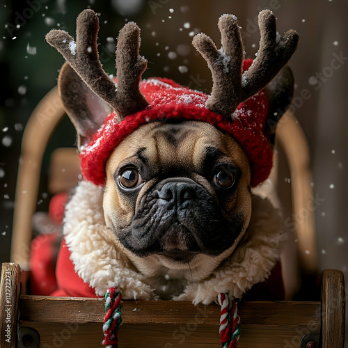 A cute French Bulldog wearing a red sweater with antlers sits in a snowy wooden sled, surrounded by soft falling snowflakes, evoking Christmas cheer photo