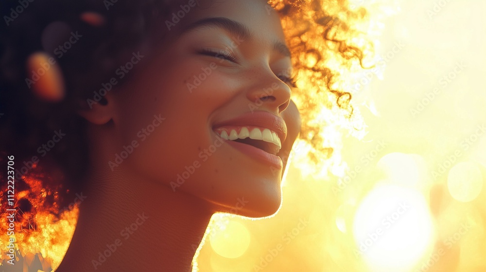 Fototapeta premium High-quality close-up of a woman laughing joyfully, with bright sunlight streaming in