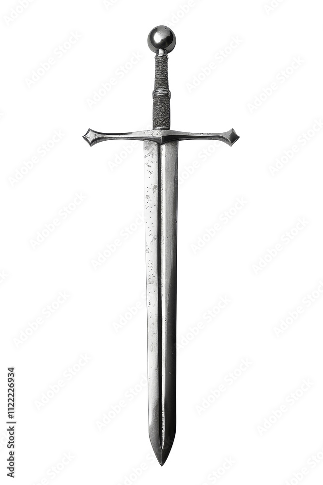 A sleek, double-edged sword featuring a cross-guard and a rounded pommel, showcasing intricate craftsmanship and historical design. A sleek, double-edged sword featuring a cross-guard and a rounded pommel, showcasing intricate craftsmanship and historical design.