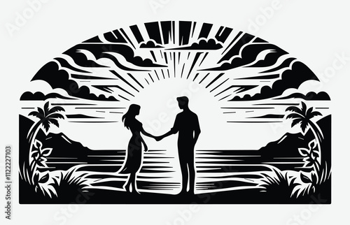 Silhouette of Romantic Couples in Sunset Scenes Depicting Love, Intimacy, and Togetherness for Creative Design Projects