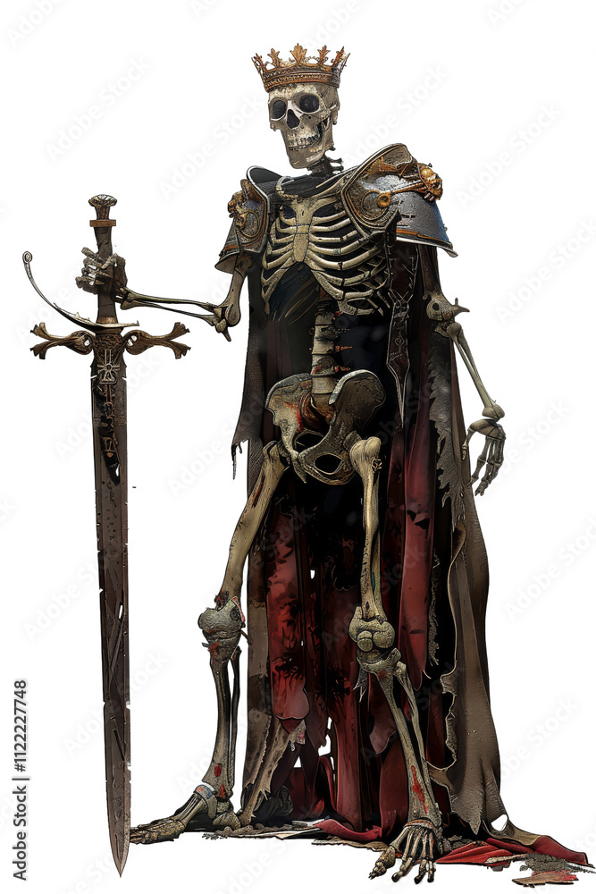 Fototapeta premium A regal skeleton figure wearing a crown and armor, holding a sword, exuding an air of authority and mystery.