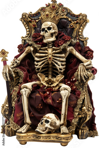 A skeletal figure sits regally on an ornate throne, adorned with lavish details, exuding an eerie yet majestic presence.