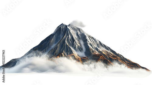 A majestic mountain peak capped with snow, featuring rocky slopes and a plume of smoke at the summit.