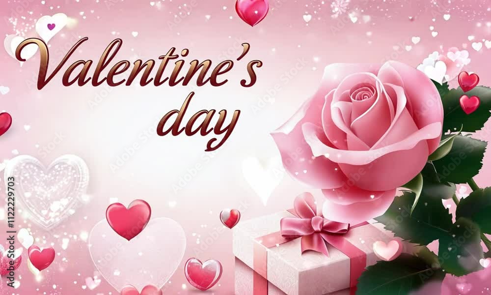 Greeting card with text Valentine's Day with pink roses and hearts on pastel pink background with copy space.