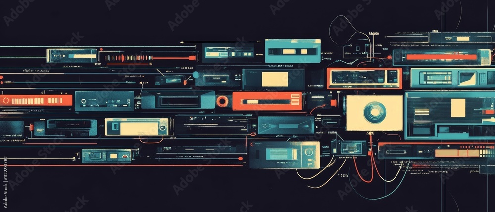 Fototapeta premium Interconnected retro devices, digital network.