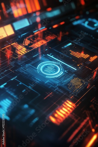 Futuristic interface; glowing blue, orange data streams.