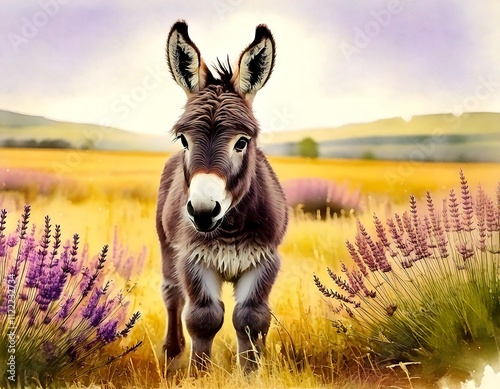 Baby donkey mule standing watercolor, Generative AI