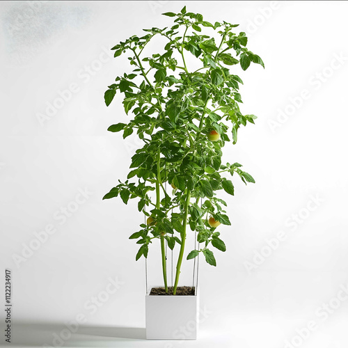 One straight high wire type Tomato plant with cluster tomato fruits pure white background tomato plantleaves should be more green flowers on the canopy top grows in su photo