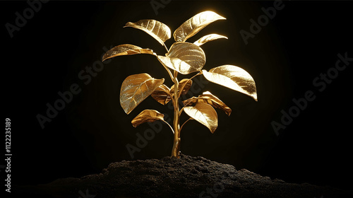 a 3d render small gold baby plant tree with 2pcs gold leaves front view on a black background golden light effects high resolution high quality high detail high contr photo