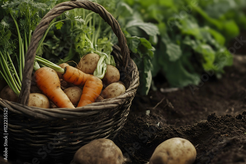 A basket of vegetables including carrots and potatoes sitting in the dirt Connection digital a business deal